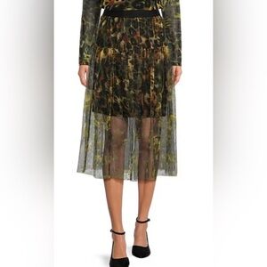DKNY Autumn mix Animal Print Tulle Overlay monogram waist A-Line Midi Skirt sz L